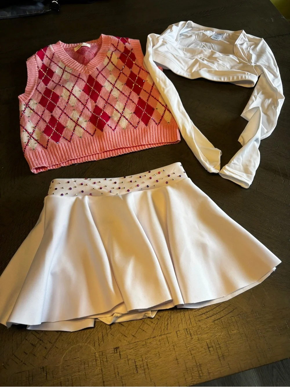 balera Pink Argyle Knit Vest with White Dance Skirt & White Wrap Top